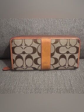 Coach Brown Signature Canvas Accordion Zip Wallet with Tan Leather Trim